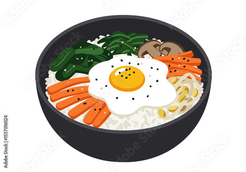 Bibimbap in a black bowl features rice egg veggies carrots sprouts  mushrooms