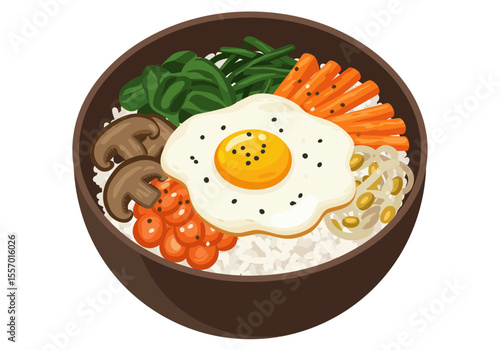 Bowl of bibimbap rice egg veggies mushrooms carrots sprouts spinach and an orange sauce