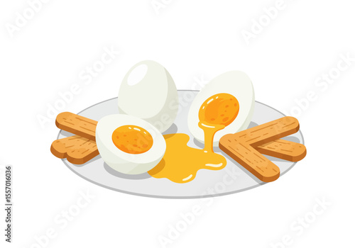 Boiled eggs and toast fingers on a plate One sliced egg has a runny yolk