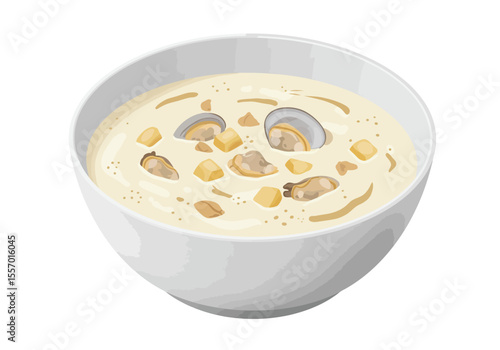 Bowl of chowder creamy soup with clams potatoes and seafood in a white bowl