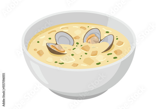 Bowl of clam chowder filled with cream clams and potatoes