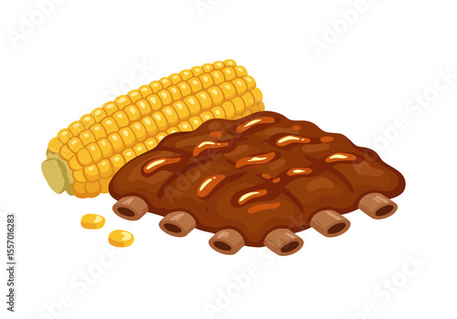 Corn on the cob and glazed ribs are depicted in this vibrant cartoonstyle illustration