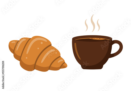 Croissant lies by a steaming brown mug of coffee