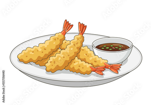 Four tempura shrimp next to a dipping sauce on a plate