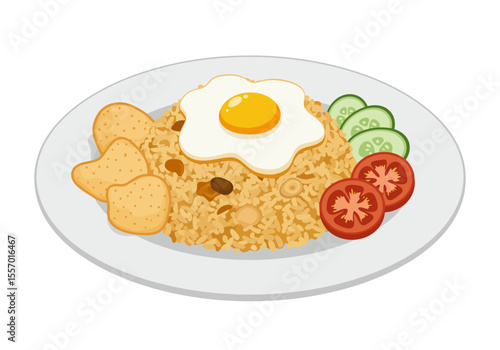 Fried rice served on a plate with a fried egg chips tomato slices and sliced cucumbers