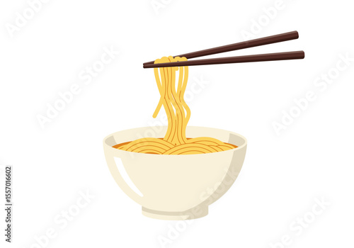 Noodles in a bowl are lifted with chopsticks in this illustration