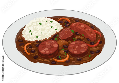 Jambalaya plate rice sausage beans peppers a vibrant dish on a white background