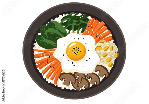 Overhead view of bibimbap in a round bowl featuring rice carrots mushrooms spinach sprouts and a fried egg