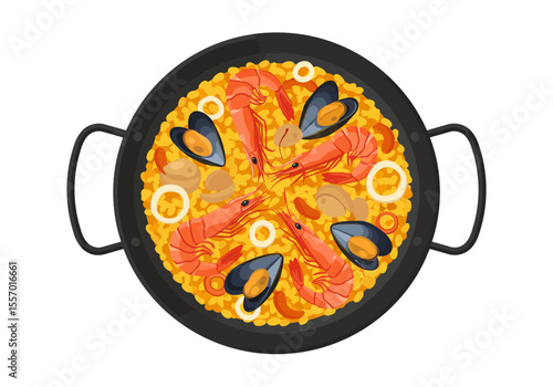 Paella pan overhead view seafood yellow rice mussels shrimp