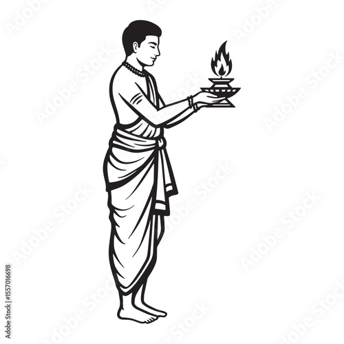 Vector illustration of indian hindu priest holding lit lamp in traditional attire