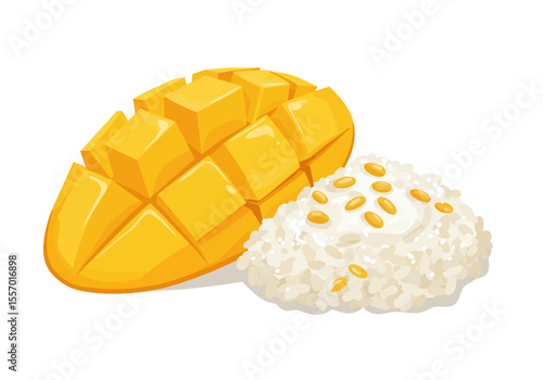 Sliced mango beside a mound of sticky rice with golden sesame seeds on top