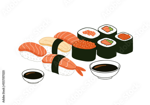 Sushi set featuring nigiri maki rolls soy sauce dishes on a plain white background