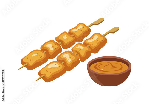 Two skewers of fried tofu with a side of peanut sauce in a brown bowl