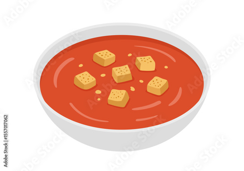 Tomato soup white bowl croutons floating on the surface