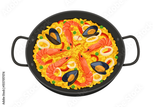 Topdown view of paella in a black pan with handles featuring shrimp mussels and rice