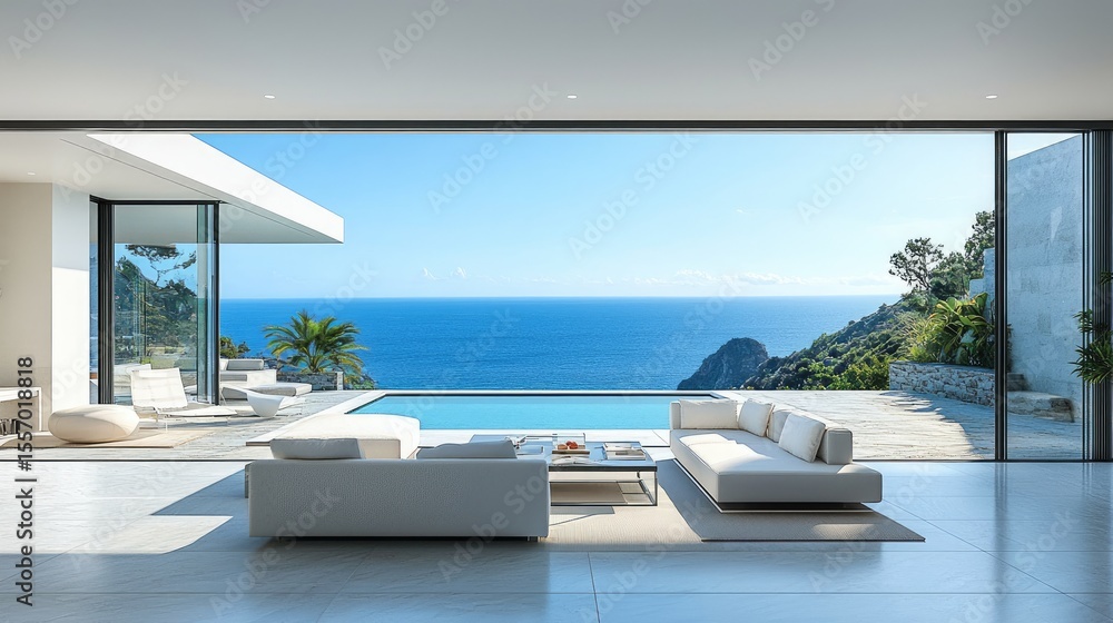 Fototapeta premium Modern Living Room with Large Glass Windows