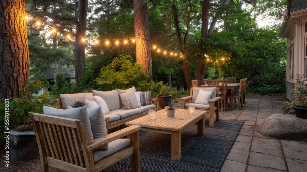 Obraz premium Cape Cod backyard with wooden patio furniture captured at dusk with natural ambient glow from string lights soft