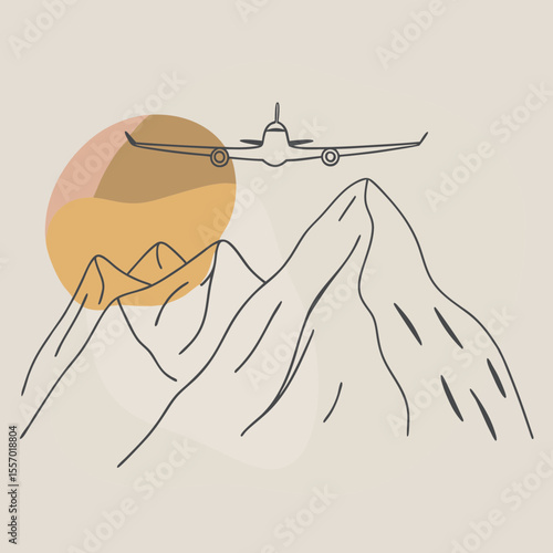 Airplane Flying Over Mountains at Sunset Minimalist Line Art Print