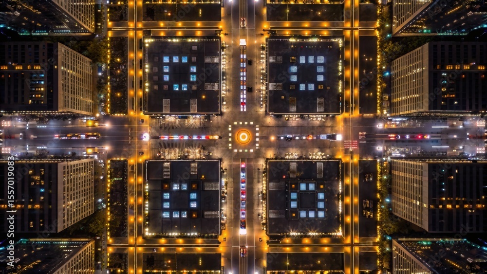 Aerial view of a brightly lit city intersection at night with traffic and modern architecture Aerial view of a brightly lit city intersection at night with traffic and modern architecture