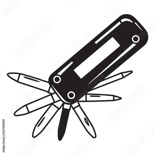 Black and white illustrated pocket knife with multiple fold out blades for diverse purposes