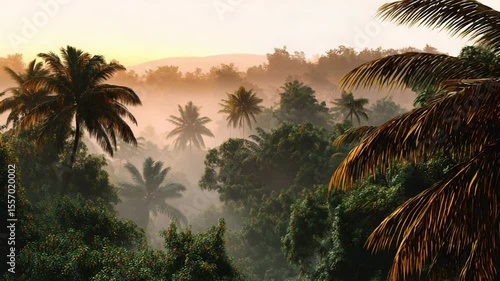 Wallpaper Mural Tropical sunrise mist over lush palm forest capturing serene nature and scenic tranquility. Guadalcanal Province Day Torontodigital.ca