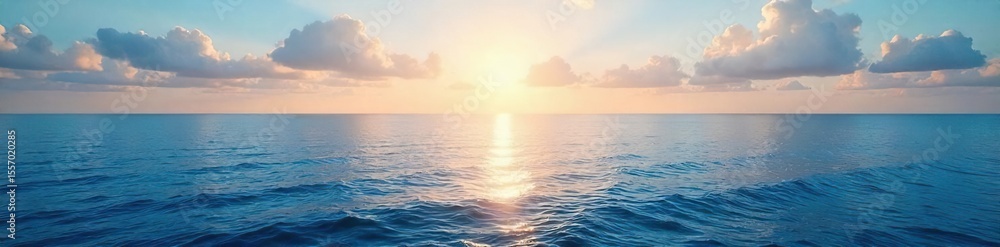 Obraz premium Serene Ocean Horizon Tranquil Seascape at Sunrise, Perfect for Travel, Nature, and Serenity Themes. Ideal Desktop Background and Website Header.