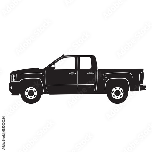 Black and white vector illustration of a modern pickup truck on a clean white background