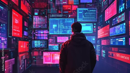 A person exploring a vibrant digital landscape filled with colorful data displays and screens