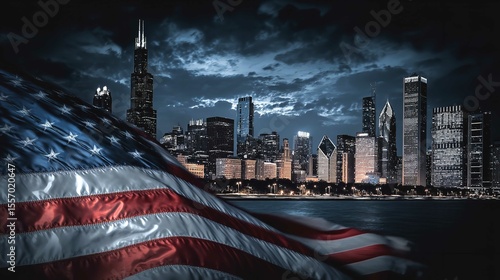 A majestic American flag waves proudly against the Chicago skyline at night symbolizing strength and resilience with