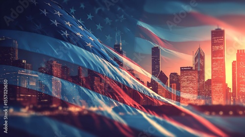 A proud American flag waving powerfully over the skyline symbolizes freedom and resilience in a vibrant patriotic