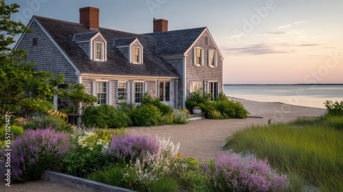 A traditional Cape Cod home with gray shingles white trim surrounded by blooming wildflowers overlooking a serene beach