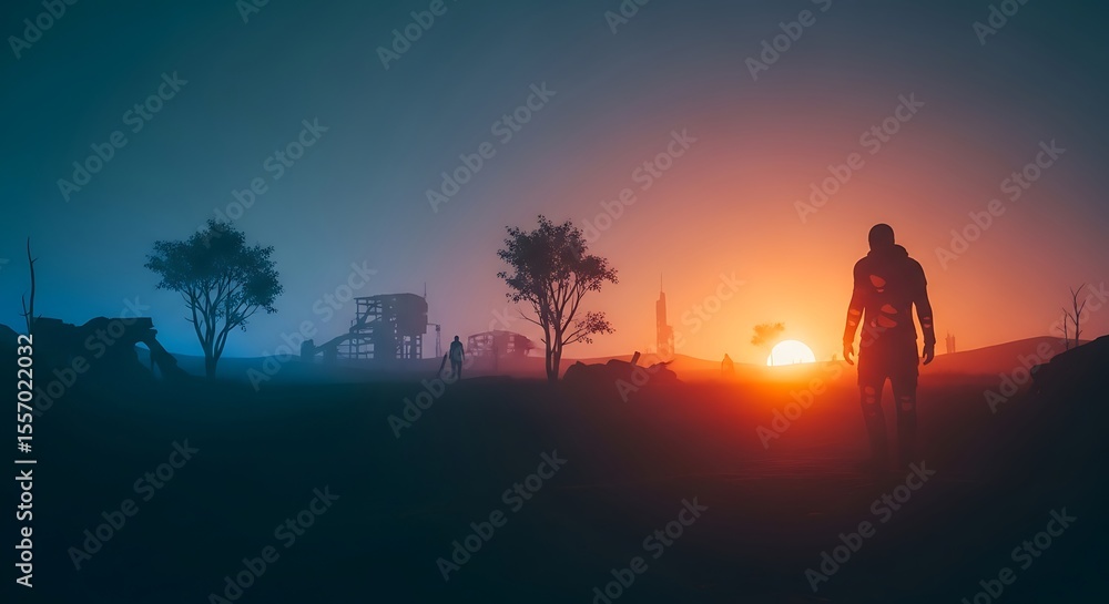 Fototapeta premium Silhouette of a Lone Figure Walking Towards a Vibrant Sunset in a Post-Apocalyptic Landscape