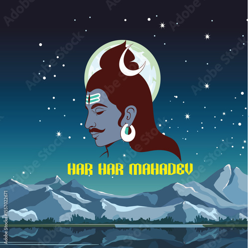  Happy Swan Somvar Lord Shiva, the Hindu deity, with a blue face, third eye, and flowing black hair. He is seated in a meditative pose, holding a trident and a skull, with a calm and focused