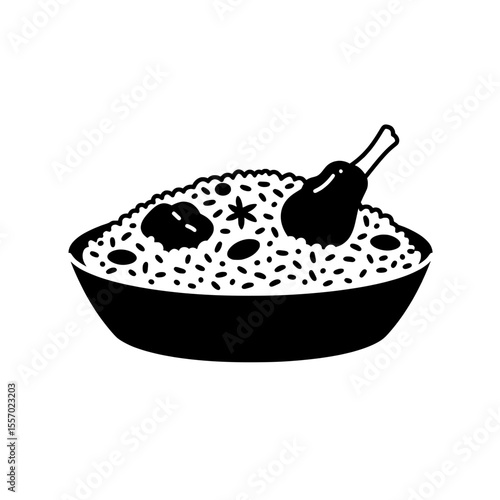 Biryani Bowl Icon: A minimalist illustration showcases a steaming bowl of biryani, a fragrant rice dish, complete with tender meat and aromatic spices, evoking the culinary artistry.