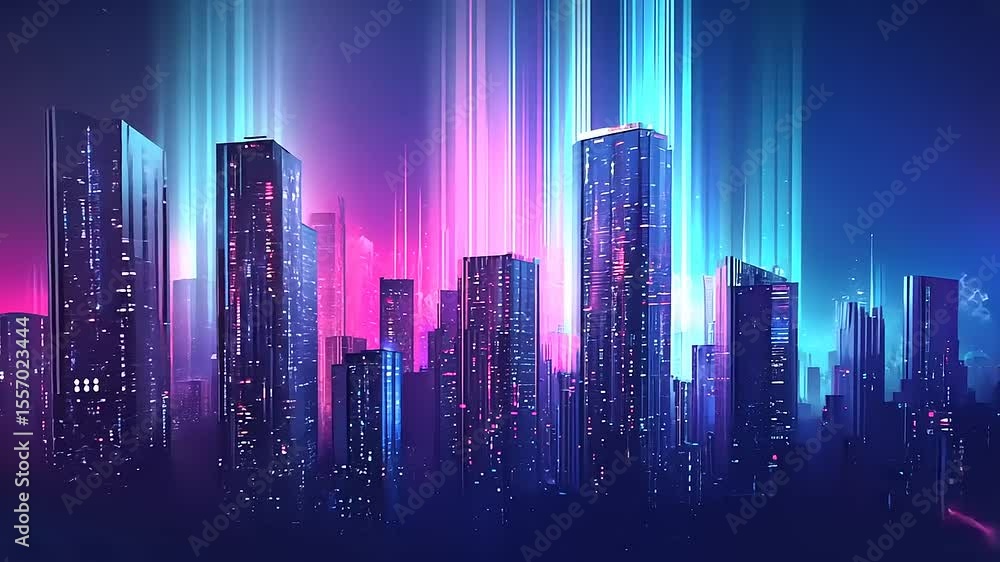 Futuristic city skyline illuminated by vibrant neon lights with colorful beams in the night sky Futuristic city skyline illuminated by vibrant neon lights with colorful beams in the night sky