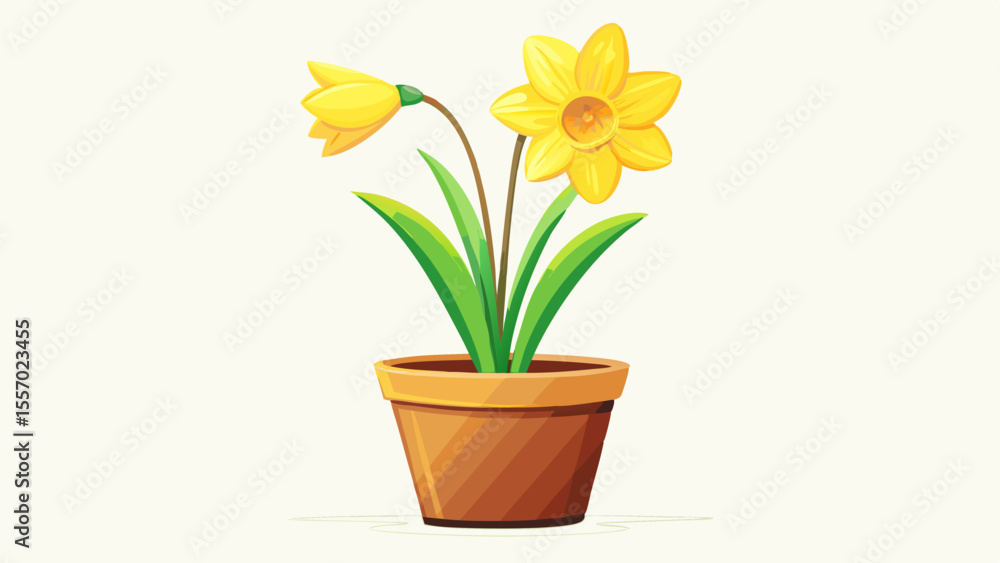 Fototapeta premium Yellow daffodil with trumpet-shaped bloom facing slightly upward, green stalks clustered in a small ceramic pot, cheerful presence emphasized by high-key lighting and minimalist white setting.