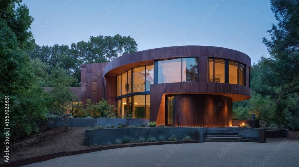 Obraz premium Asymmetrical modern house with curved copper walls embedded LEDs blue hour lighting with warm glows windows precise depth