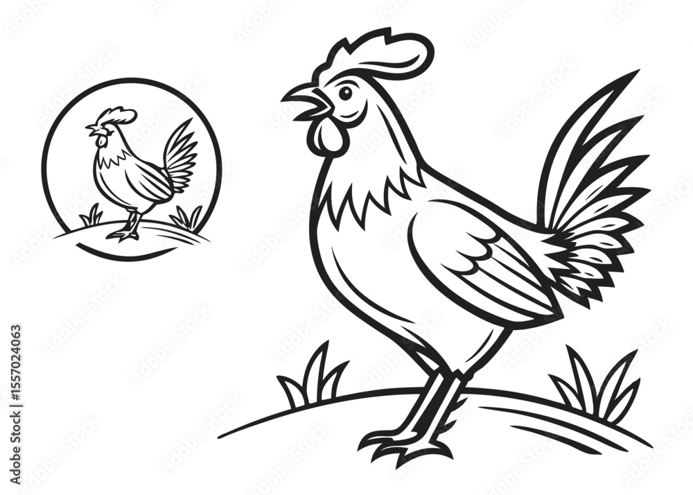 Fototapeta premium Rooster Illustration Line Art Drawing of a Farm Animal