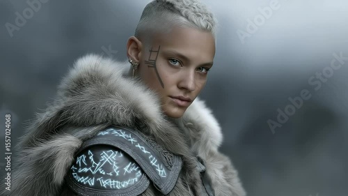 Fantasy Viking Portrait with Glowing Runes and Misty Background