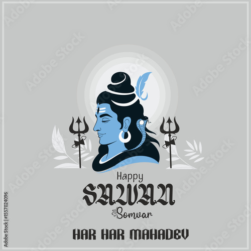  Happy Swan Somvar Lord Shiva, the Hindu deity, with a blue face, third eye, and flowing black hair. He is seated in a meditative pose, holding a trident and a skull, with a calm and focused