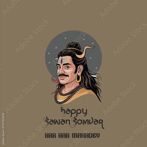  Happy Swan Somvar Lord Shiva, the Hindu deity, with a blue face, third eye, and flowing black hair. He is seated in a meditative pose, holding a trident and a skull, with a calm and focused