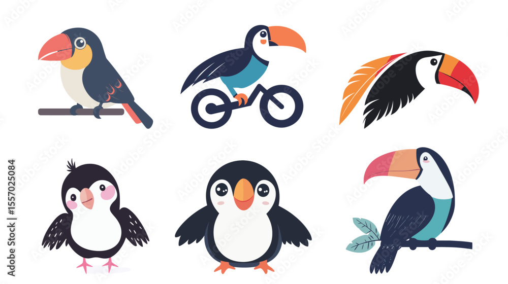 Obraz premium Adorable vector illustration of a cute toucan with colorful beak and simple stylized features, perfect for children's designs, educational materials, tropical wildlife themes, 