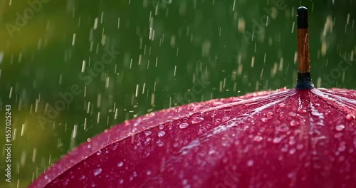 Raindrops falling on red umbrella close-up. Slow motion
