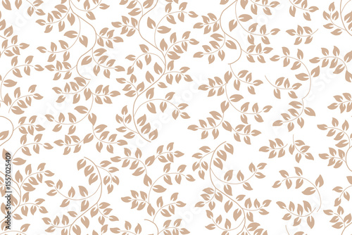 Floral seamless leaf pattern. Brown beige leaves and sprouts on white background. Print for textile or web