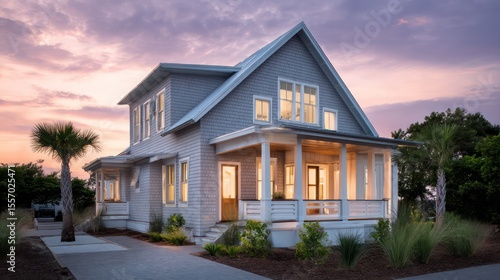 Cape Cod house at dusk with pink-blue sky gradient volumetric glow from inside windows casting soft light spill