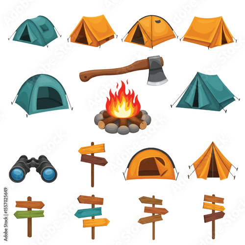 A versatile camping icon set featuring tents, mountains, and trees for your outdoor summer adventure travel designs