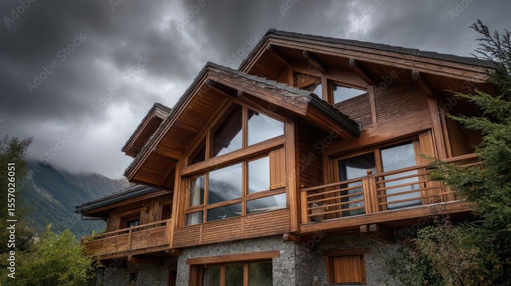 Luxury wooden chalet under dramatic stormy sky low-angle composition with sidelit windows lighting on wet textures high detail Luxury wooden chalet under dramatic stormy sky low-angle composition with sidelit windows lighting on wet textures high detail