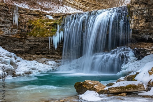 Frozen waterfall cascading over rocky cliffs, icy water flows into a turquoise pool. Winter wonderland scenery.