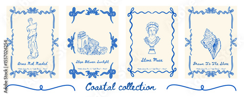 Poster set with Venus statue, Santorini view, classical head sculpture, and seashell - elegant 4-poster collection for coastal interiors