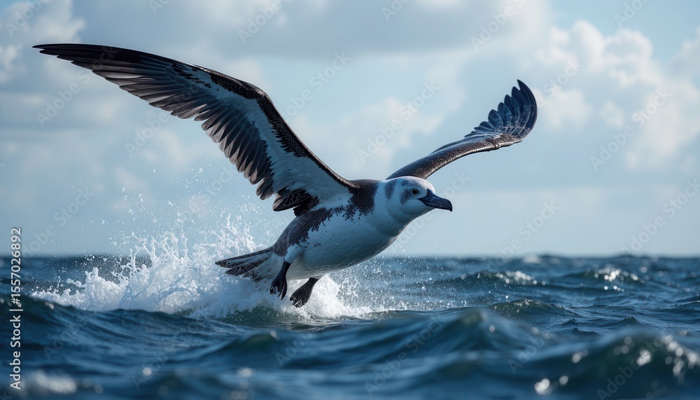 Fototapeta premium Seagull skimming ocean waves in vibrant flight